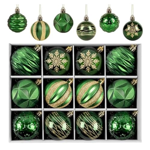 Christmas Ornaments Emerald Green Balls Set,12Pcs Shatterproof Glitter 2.36inch Christmas Tree Decorations Ornaments Balls with Strings for Xmas Tree Decoration & Christmas Party Decoration
