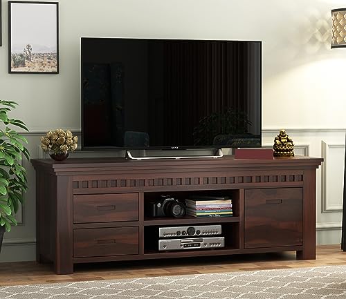 Image of Premium Solid Sheesham Wood TV Unit for Living Room: 2 Drawers, 2 Shelves, and 1-Door Storage - Accommodates up to 50-Inch TV (Declan, Walnut Finish)