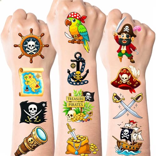 Ozepao 100 Pcs Pirate Temporary Tattoos for Kids 2 x 2Individually Wrapped Tattoos Pirate Ship Nautical Themed Birthday Decorations Party Favors Supplies