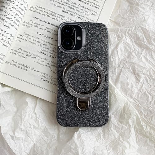 Coque compatible avec iPhone 16 paillettes noir antichoc fine silicone béquille MagSafe - 2