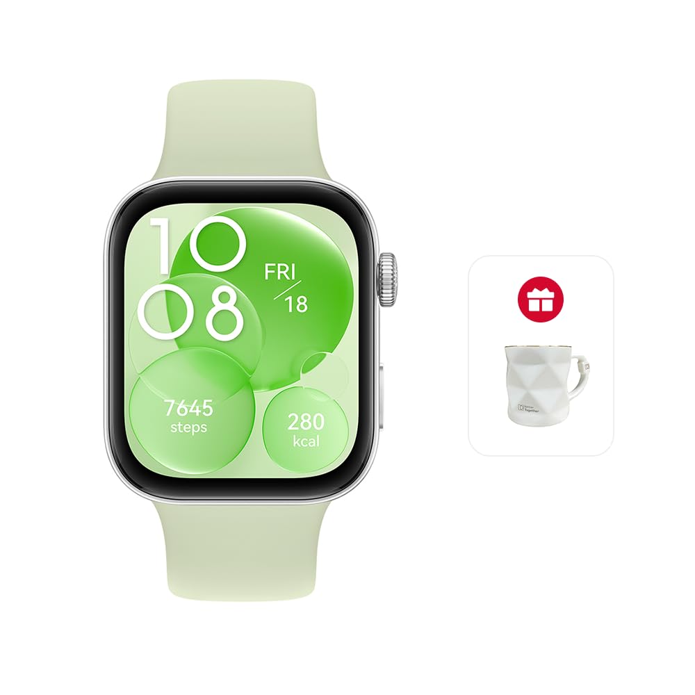 HUAWEIWATCH FIT 3, 1.82" AMOLED Display, Ultra-Slim Design, All-Round Fitness Management, Durable Battery Life, Compatible with iOS & Android, Green + Exclusive Watercup