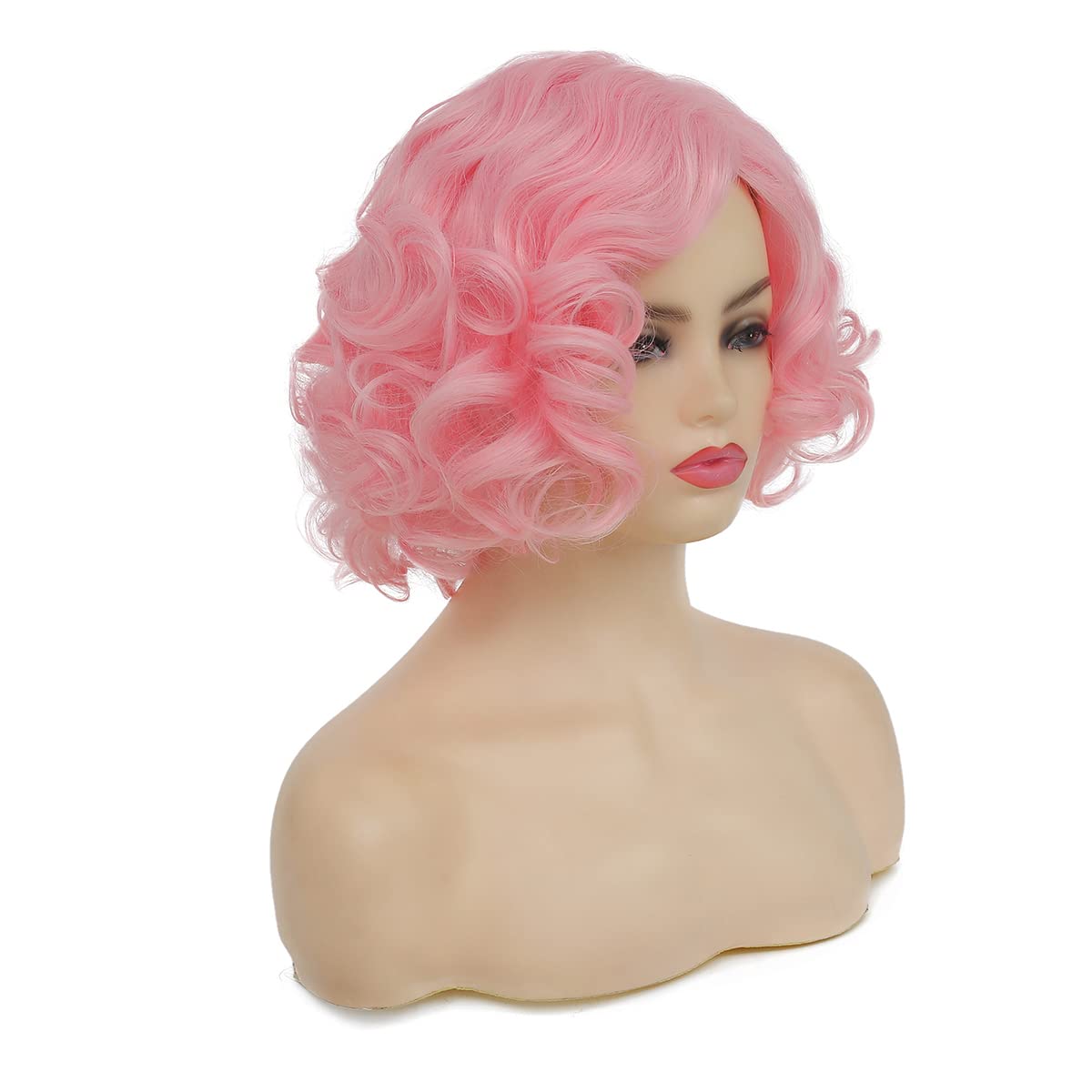 Baruisi Short Curly Pink Wigs for Women Synthetic Natural Wavy Pink Costume Cosplay Party Wig with Cap - Image 3