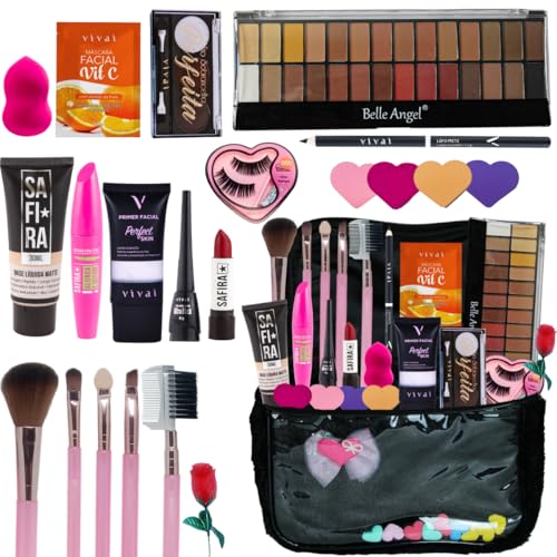 Maleta de Maquiagem Completa com 13 Itens Paleta de Sombras Base Pincéis Cílios Acessórios Kit Compl