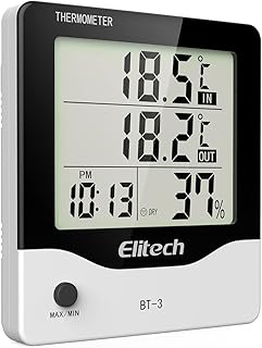 Elitech BT-3 LCD Higrômetro digital com Termômetro Monitor de umidade Monitor de temperatura e umidade ambiente com relógio e valor mínimo/máximo