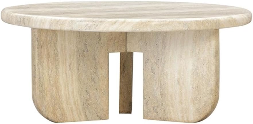 Pemberly Row Contemporary Round Coffee Table, Concrete Construction, Tan Travertine Finish, Handmade Modern Design, Outdoor-Safe Neutral Accent Table for Living Room or Patio Use
