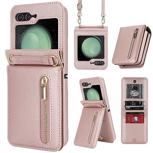 for Samsung Galaxy Z Flip 6 Luxury Zipper Wallet Phone Case, Multi-Function Kickstand Card Holder Adjustable Crossbody Strap, Fashion Flip Case.(Rosegold) RoseGold Samsung Galaxy Z Flip 6