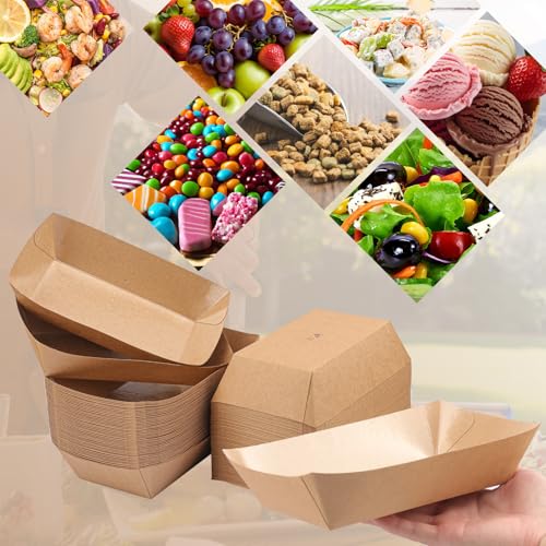 Yiksonyo 200 Pack Disposable Paper Food Boats, Grease Resistant cardboard Food Boats, Disposable cardboard snack trays for Burgers Fries Sandwiches Picnic Party and More, Brown