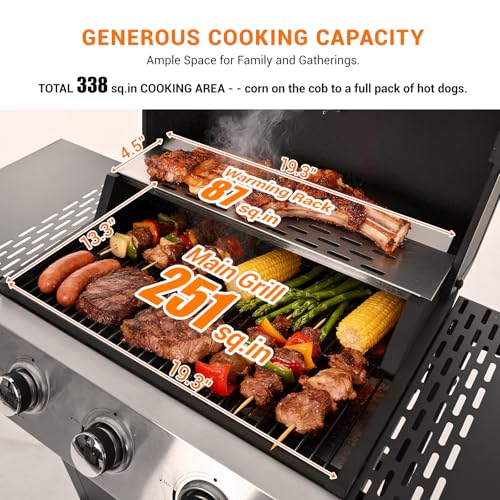 Image of EUHOME Stainless Steel 3-Burner Gas Grill, 25650 BTU Outdoor BBQ Grill with Side Table, 338 sq.in Cooking Area, Perfect for Patio, Deck & Family Barbecues