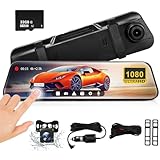 10'' Mirror Dash Cam, 1080P FHD IPS Touch Screen Front and Rear View Backup Camera for Cars Loop Recording Streaming Media, 170°Wide Angle Parking Assistance with 32GB Memory Card