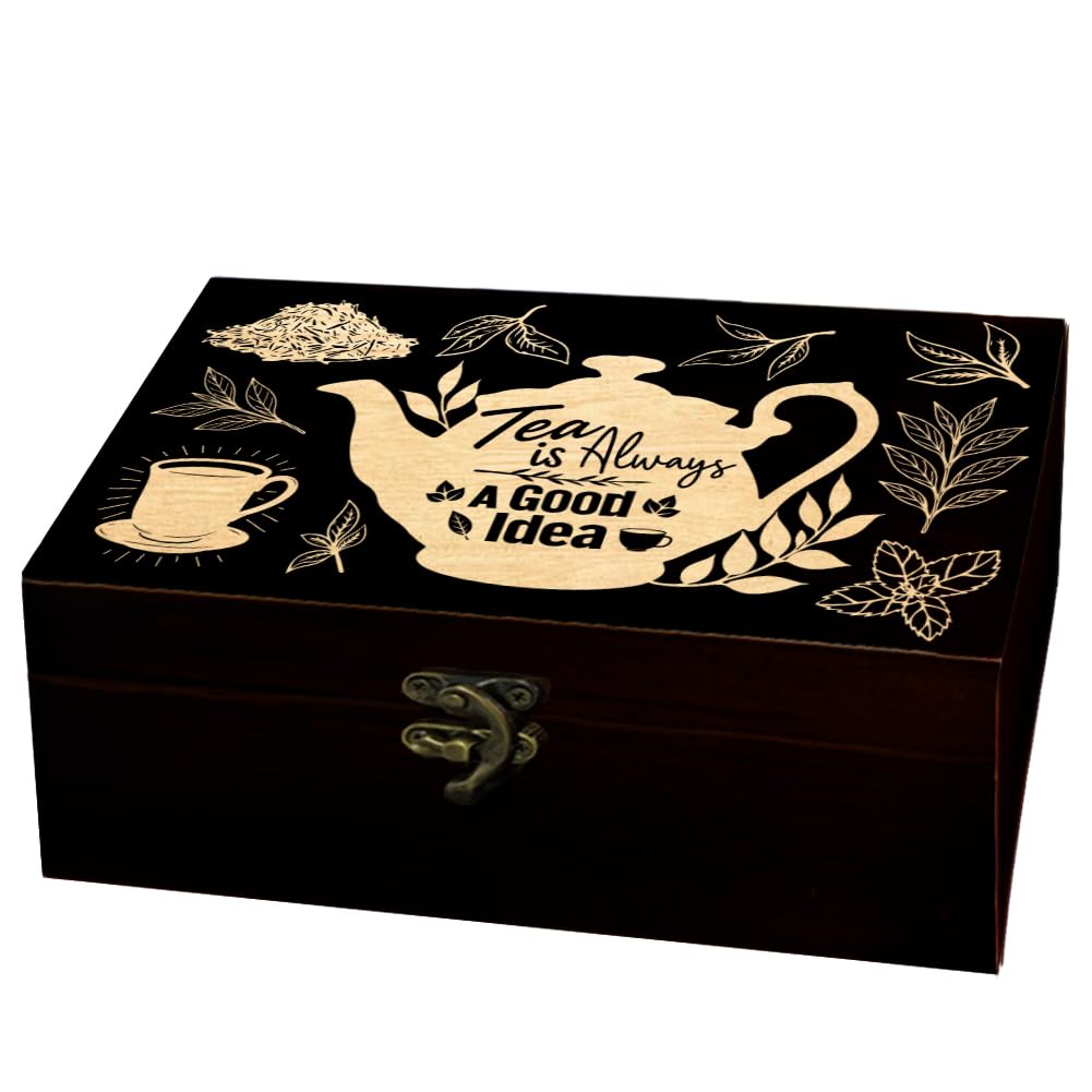 arricraft 1 Pc Wooden Memorial Storage Box, Teapot Teacup Tea Leaves of Different Shapes Pattern Rectangle Pine Photo Box for Anniversary Jewelry Board Storage (9.45x5.51x3.54 Inch)