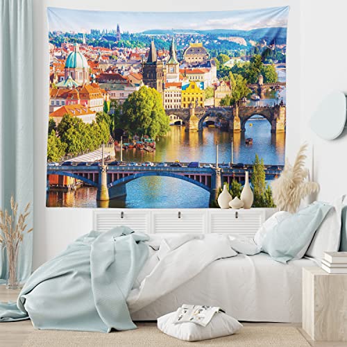 Ambesonne Wanderlust Tapestry, Scenic Summer Old Town Charles Bridge Over Vltava River In Prague Czech Republic, Wide Wall Hanging For Bedroom Living Room Dorm, 80" X 60", Blue Green #TOP4