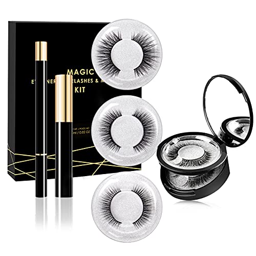 Non Magnetic Eyelashes with Eyeliner Kit,3Pairs Natural Look Fake Eyelashes,1pc Magic Self Adhesive Liquid Eyeliner,1pc Mascara and 1pc Tweezers,Reusable (Black)