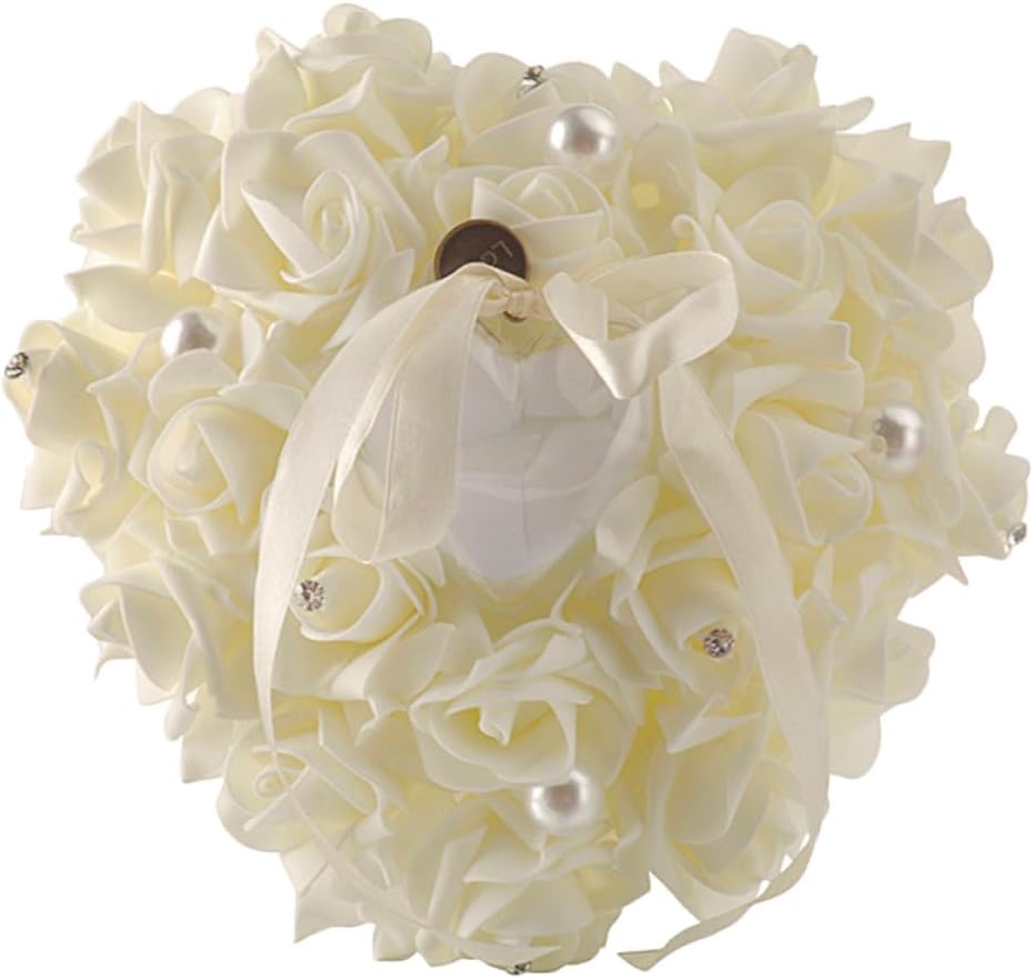 Garneck Heart Shape Wedding Ring Pillow Cushion, Milky White Pe Foam with Pearl Rose Decoration, Ring Bearer Pillow for Wedding Ceremony and Engagement Events