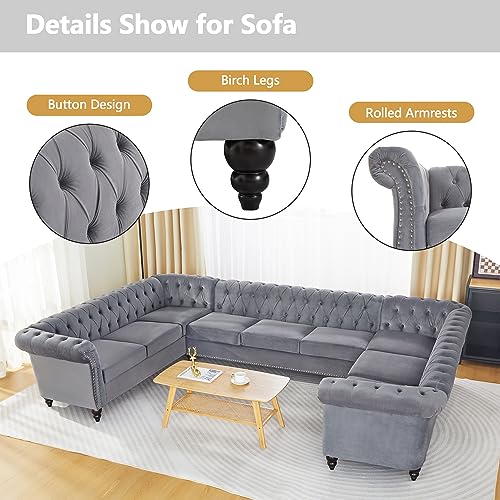 Image of QHITTY U-Shaped Sofa, Sectional Chesterfield Velvet Couch 9-Seater Upholstered Large Accent Tufted Sofa with Rolled Armrest and Nailhead Design for Living Room, Apartment, Office (Grey)