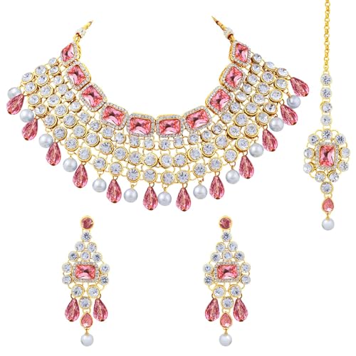 Image of Peora Crystal Choker Necklace with Maang Tikka Earrings Indian Traditional Bridal Wedding Jewellery Set for Women