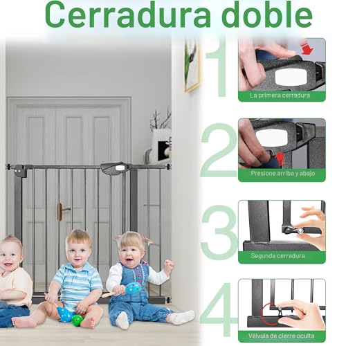 Miniatura 4 de Uisebrt Rejilla De Protección Para Escaleras Sin Perforación, Para Niños, 105-115 Cm De Ancho, Cierre Automático, Apertura Con Una Sola Mano, De Metal, Color Negro