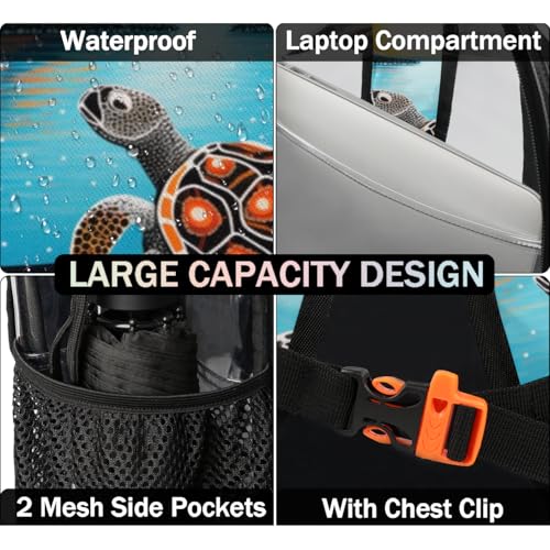 Hand Painted Abstract Turtle Clear Backpack Stadium Approved PVC Backpacks for Adults Heavy Duty Clear Bag for Work Security Travel College4