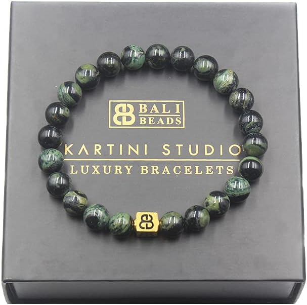 Kartini Studio Dark Green Jade and 22 Karat Gold Bracelet, Men's Jade Bracelet, Quality Bead Jewelry for Man