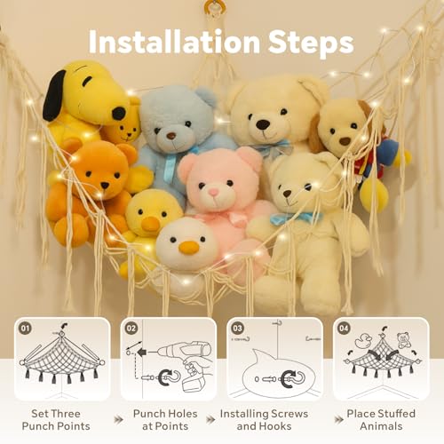 ارجوحة حيوانات محشوة أو شبكة مع إضاءة LED - حامل حيوانات محشوة مصنوع يدويًا من المكرمية مزين بشراريب، شبكة تخزين ألعاب معلقة على الحائط للحيوانات المحشوة، ديكور موفر للمساحة لغرفة الأطفال والحضانة
