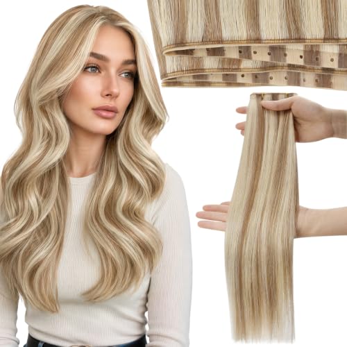 Image of Moresoo Butterfly Weft Hair Extensions Human Hair Blonde Highlight 16inch | Invisible Genius Weft, Highlights Golden Honey with Light Blonde, Add Volume, OVO PU Hole, Straight Soft Remy Hair 50g