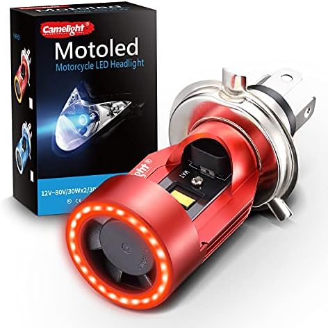 Camelight LED Motorcycle Headlights H4/HS1 Hi/Lo Red-ray Angel Eye DC 12V/24V Universal Replacement of H4 Halogen Lamp White 6000K (1PCS)