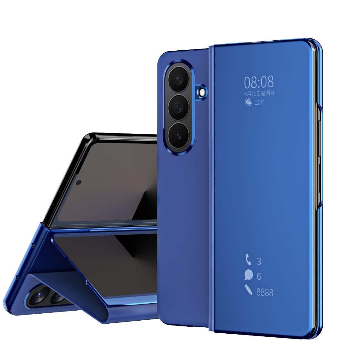 Galaxy Z Fold7用 ケース スマート鏡面ミラー機能付き PUレザー 磁吸式電鍍面蓋 ワイヤレス充電対応 薄型 軽量 折り畳み スタンド機能 ヒンジ保護 マットの表面 手帳型 スマホ 全包囲保護 滑り防止 可愛い 面白い おしゃれ 耐衝撃 レンズ保護 カバー 人気 フリップ - Beautycatcher - 青