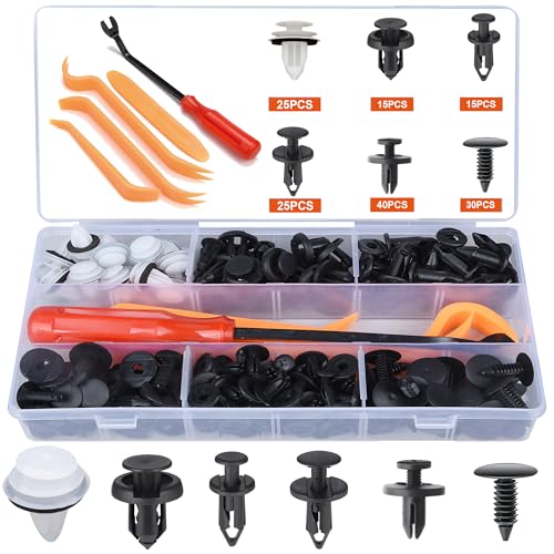Preciva Set Grapas y Remaches para Coche - 150 Unidades, 6 Tipos, Chinchetas Techo y Clips para Interior - 5 Saca Grapas Incluidos