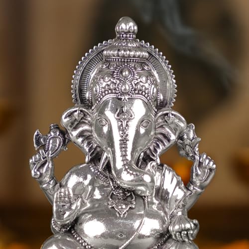 Image of Artarium Brass Vighnaharta Lord Ganesha Statue Car Dashboard (Height 3.5inch), Small Ganpati ji Murti for Car Dashboard, Home Decor, Office Gifting and Pooja Room - Silver Finish