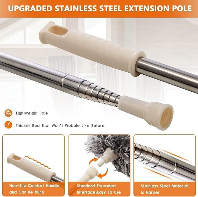 Image of 100 inch Extendable Microfiber Feather Duster with Long Stainless Steel Pole, Bendable & Washable Anti-Scratch Brush for Cleaning High Fans, Roof Cobwebs, Window Blinds and Furniture (Grey)