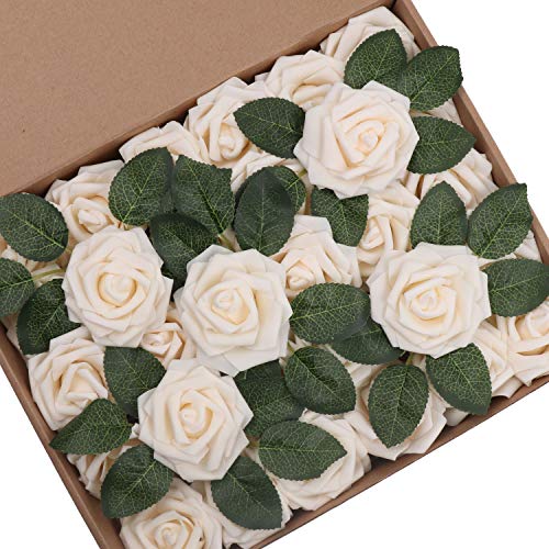 Hiveseen künstliche Blumen Rosen, 30PCS Köpfe Real Touch Fake Hausgarten Handwerk Kunst Dekoration Blume mit grünen Blättern DIY Rose für Valentinstag Hochzeitsfeier