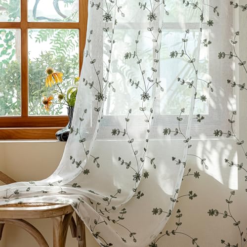 AmHoo 2 Panels Leaf Flora Embroidered Farmhouse Semi Sheer Curtain Voile Curtains for Living Room Bedroom Window Treatment White Sage Green 53 x 84 Inch