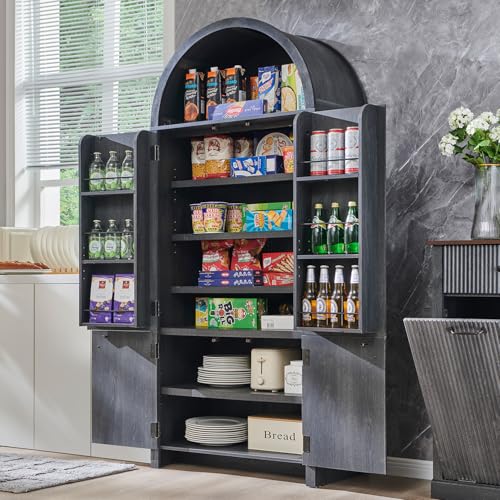 Image of IFGET 71 inch Tall Arched Kitchen Pantry, Modern Fluted Wood Storage Cabinet with Doors, 3 Adjustable Shelves, 6 Door Shelves, Organizer, Versatile Cupboard for Kitchen,Bathroom, Dark Gray