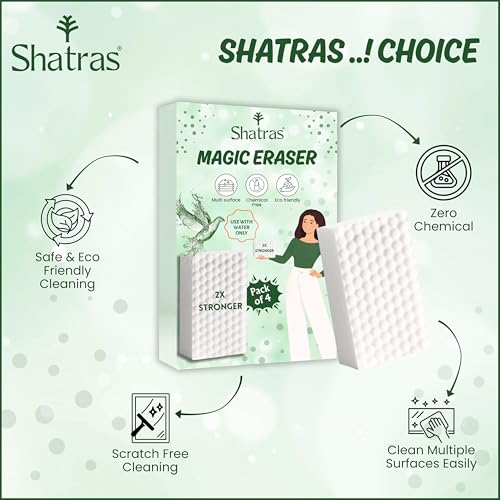 Image of Shatras Magic Eraser Cleaning Sponge - Multipurpose Melamine Foam Stain Remover Foam for Walls, Kitchen, Bathroom, Tiles & Shoes | Just Add Water Stain Remover (Pack of-4)