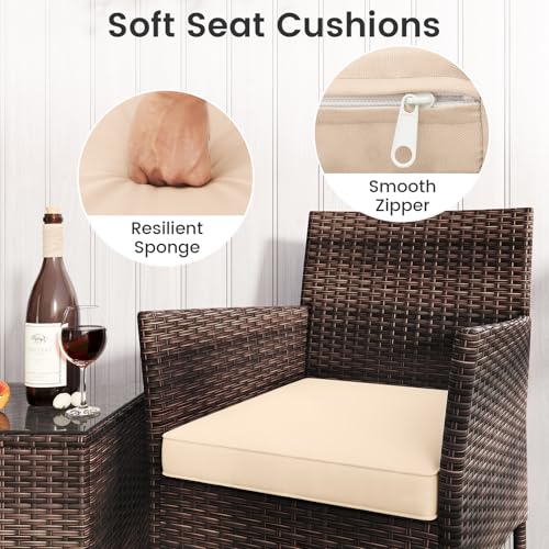 COSTWAY 3-Piece Patio Bistro Set, PE Rattan Furniture Set with Soft Cushions and Tempered Glass Top Table, Outdoor Furniture Wicker Conservatory Set for Balcony, Backyard & Poolside (Beige+Mix Brown) 3 COSTWAY 3-Piece Patio Bistro Set, PE Rattan Furniture Set with Soft Cushions and Tempered Glass Top Table, Outdoor Furniture Wicker Conservatory Set for Balcony, Backyard & Poolside (Beige+Mix Brown) - Image 3