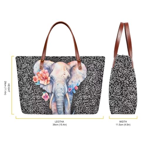 Image of Elephant Handbag for Women, Large Tote Bag Top Handle Purse with Matching Wallet, Light Hobo Bag Shoulder Satchel Purse with Cosmetic Wallet for Working, Shopping, Black