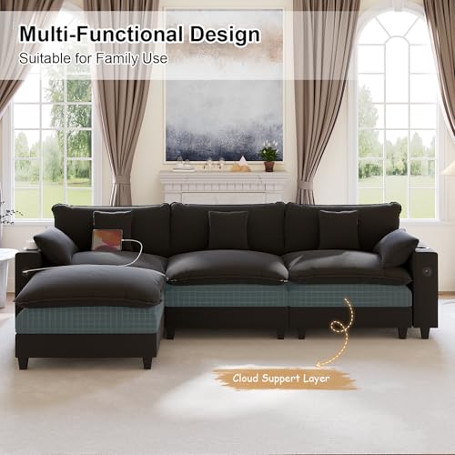 Image of KCGKCG 116 inch Modular Sectional Couch, L Shaped Cloud Sofa with Movable Ottoman, Chenille Deep Seat Cloud Couch with Charging Station, Cup Holder, Side Pocket, Sectional Couches for Living Room, Black