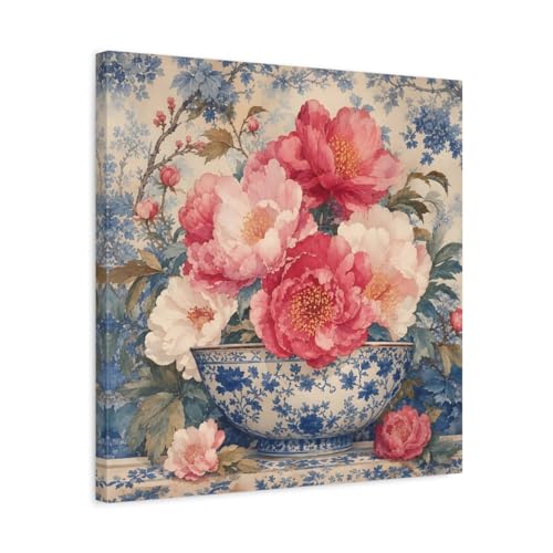 Tableau pivoines roses et bleues toile carrée 50x50 cm pour salon