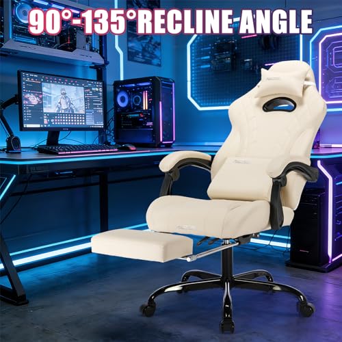 Image of Gaming Chair with Footrest and Massage Lumbar Support, Ergonomic Computer Gamer Chair, Office Video Game Chairs with Adjustable Height and Backrest (Beige)
