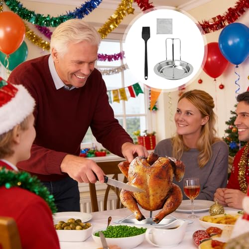 2 Stück Hähnchenbräter Edelstahl, hänchenhalterung backofen, Herausnehmbare Hähnchen Grill mit 3 STK Ölpinsel und 3 Reinigungstüchern für Camping Broiler BBQ