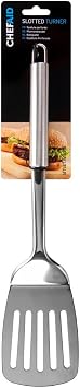 Chef Aid Stainless Steel Slotted Turner, Ideal Spatula for kitchen and BBQ, Slots allow for grease and oil drain before transfer fitted with easy store hanging loop, Dishwasher Safe, Silver, 28cm long