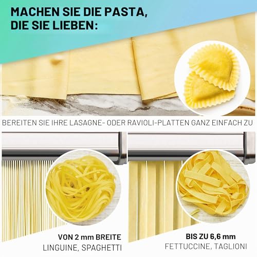 Foto von Manuelle Nudelmaschine mit Trockner - Multi-Pasta Edelstahl Rostfrei Italienische Flachteigmaschine 7 stufig einstellbar, scharfem Messer Klemme - Frische hausgemachte Nudeln, Spaghetti, Lasagne