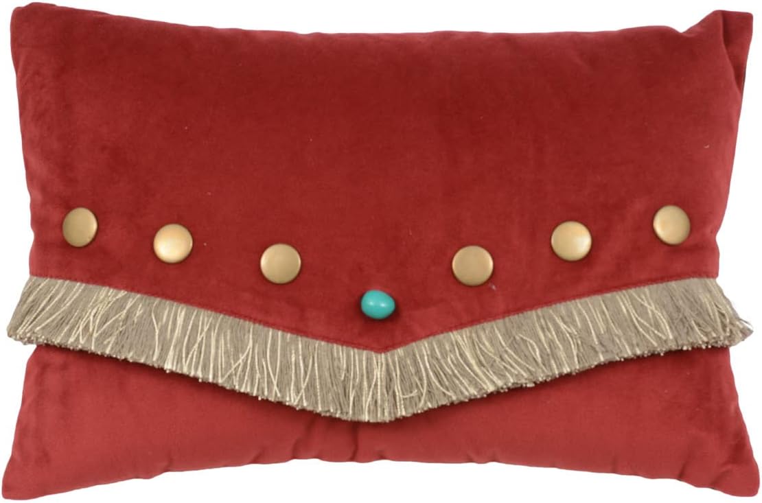 BLACK FOREST DECOR Red Velvet Turquoise Stone Pillow with Fringe