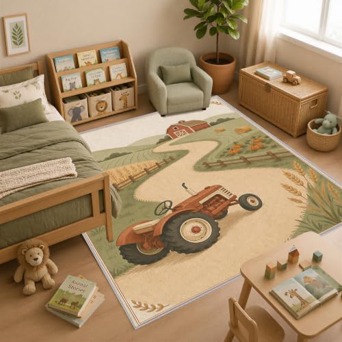 Image of Terracotta Tractor Area Rug 80 x 150 cm, Children's Farm Carpet