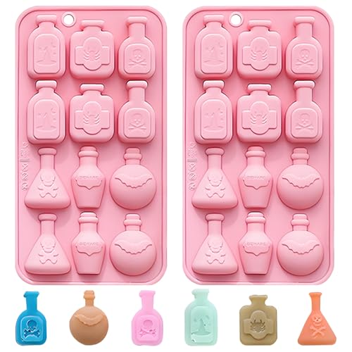 Butabeishy Halloween Potion Flaschen Silikon Backform, 2 Stück, Rosa, 12 Formen pro Form für Schokolade, Süßigkeiten, Seife
