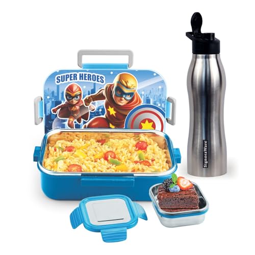 Image of SIGNORA WARE Delight C Chipmunk Stainless Steel Printed Lunch Box Set for Kids | Airtight Clip Lock Lid | Compact & Sleek Size | Great for Picnics & Outdoors (850ml + 160ml + 750ml Bottle | Blue)