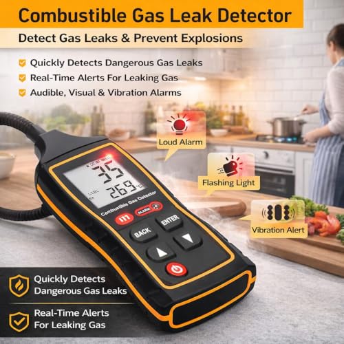 GOYOJO Natural Gas Leak Detector With 10-Inch Gooseneck, Digital Gas Detector, LCD Display With Backlight Design, For Kitchen/Home And Rv Natural Gas, Propane And Methane Detector, Includes Battery X3