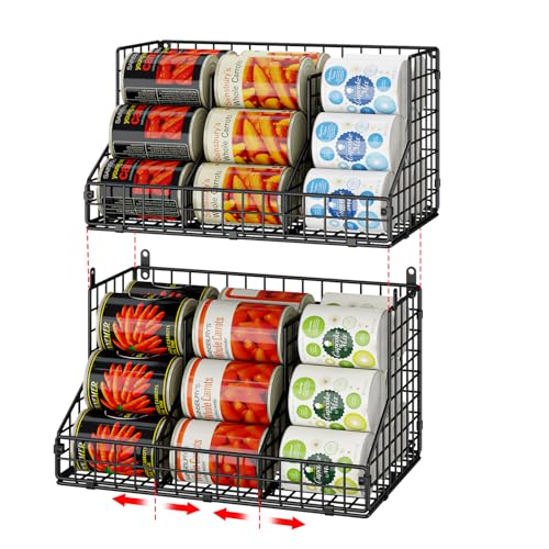 JKsmart 2 Pack Stackable Can Rack Organizer for Pantry Storage,Can Dispensers with 4 Adjustable Dividers, 2-Tier Metal Wire Basket Beverage Pop Soda Rack for Kitchen Cabinet Pantry, Black