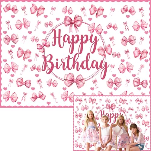 BINQOO Coquette - Sfondo fotografico per feste di compleanno, con fiocco rosa, per foto e feste (rosa, 2,1 x 1,5 m)