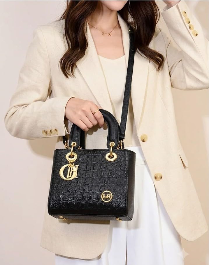 Image of Diva Dale Black Crocodile Embossed Satchel Bag with Gold-Tone Hardware
