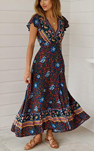 Image of R.Vivimos Women's Summer Short Sleeve Floral Print Bohemian Beach Waist Tie Wrap Long Flowy Dress with Slit